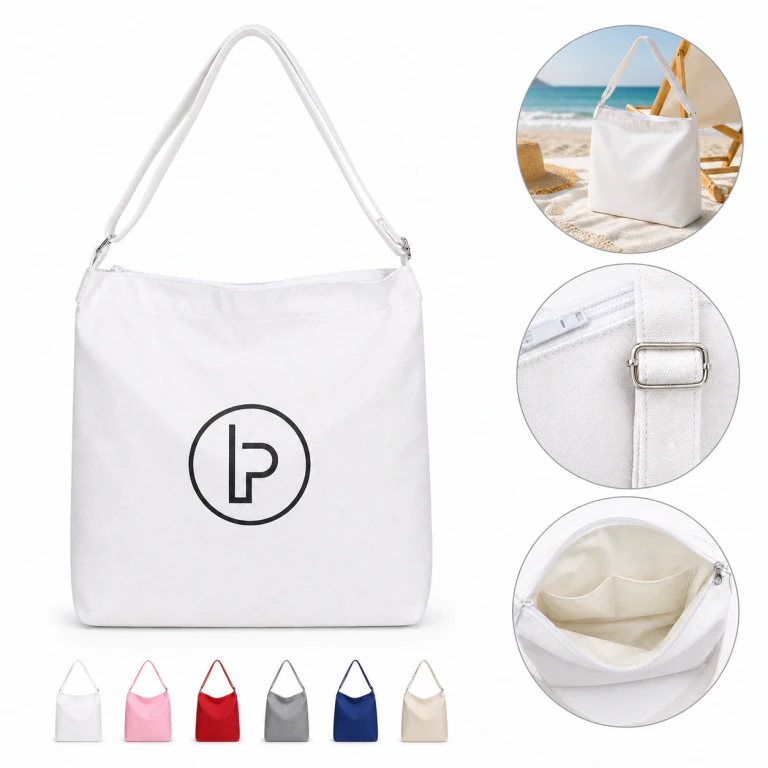 Fashion Canvas Zipper Tote - 12oz Cotton, Adjustable Strap, Beach Bag