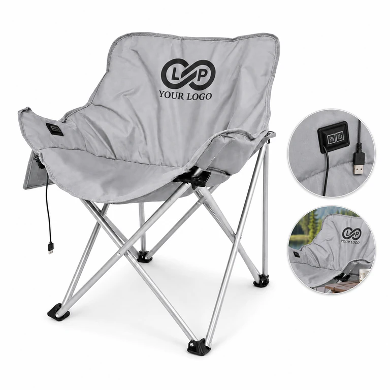 Oversized Heated Camping Folding Lawn Chair with USB Heating, Gray