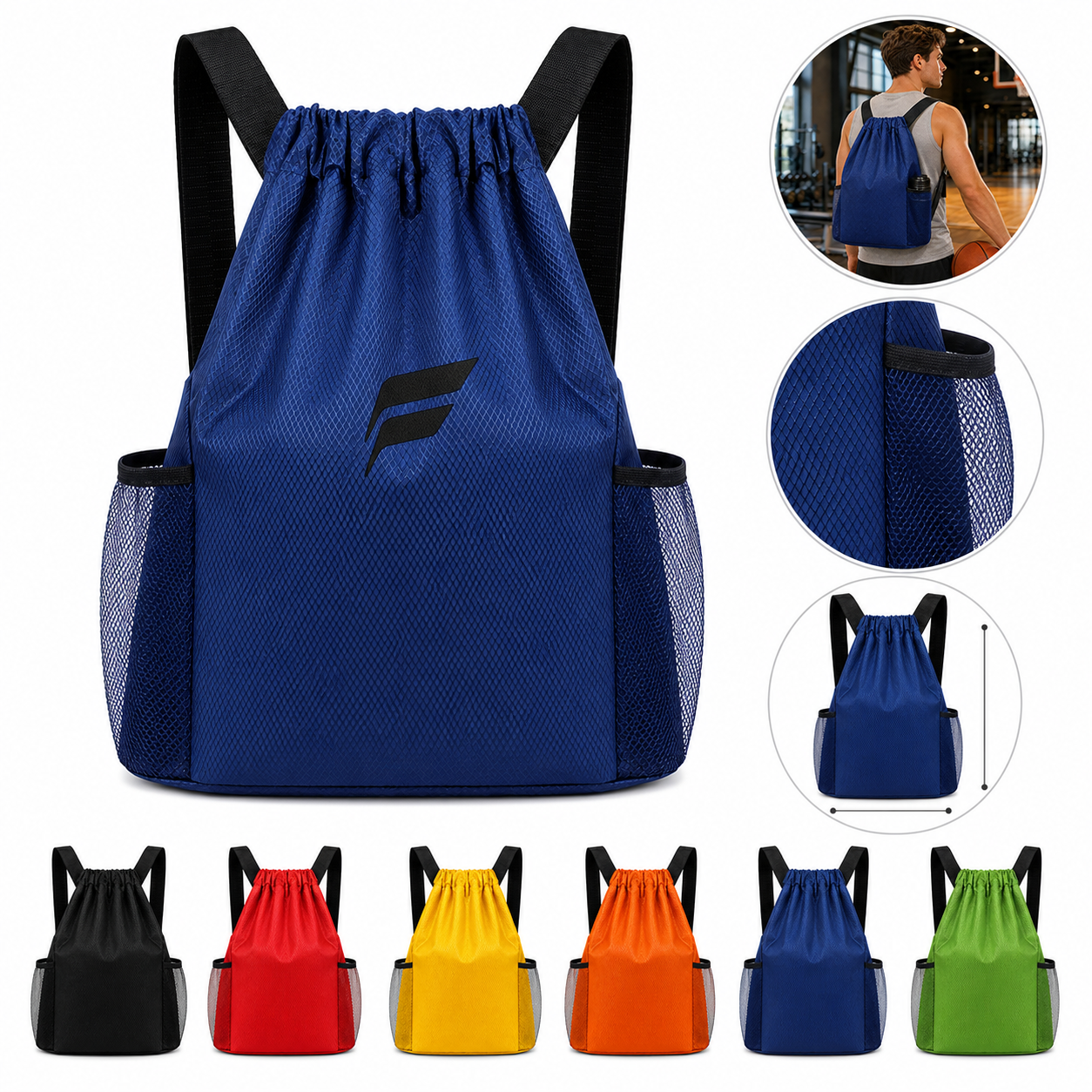 Sports Gym Sackpack Drawstring Backpack with Mesh Pockets
