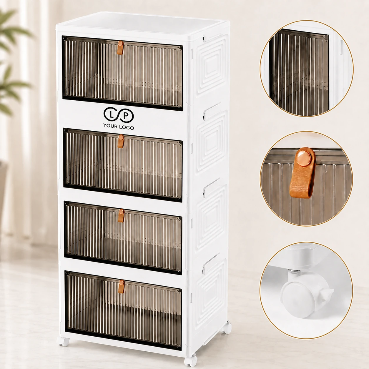 4 Tier Foldable Stackable Clear Shoe Storage Bins with Doors