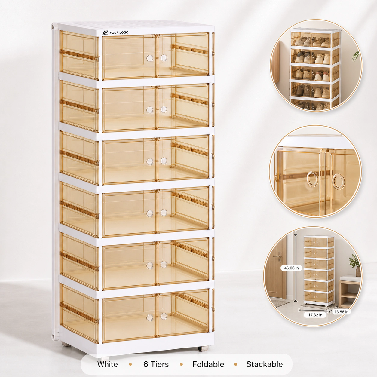 Foldable Stackable Clear Shoe Storage Bin with Magnetic Doors & Wheels