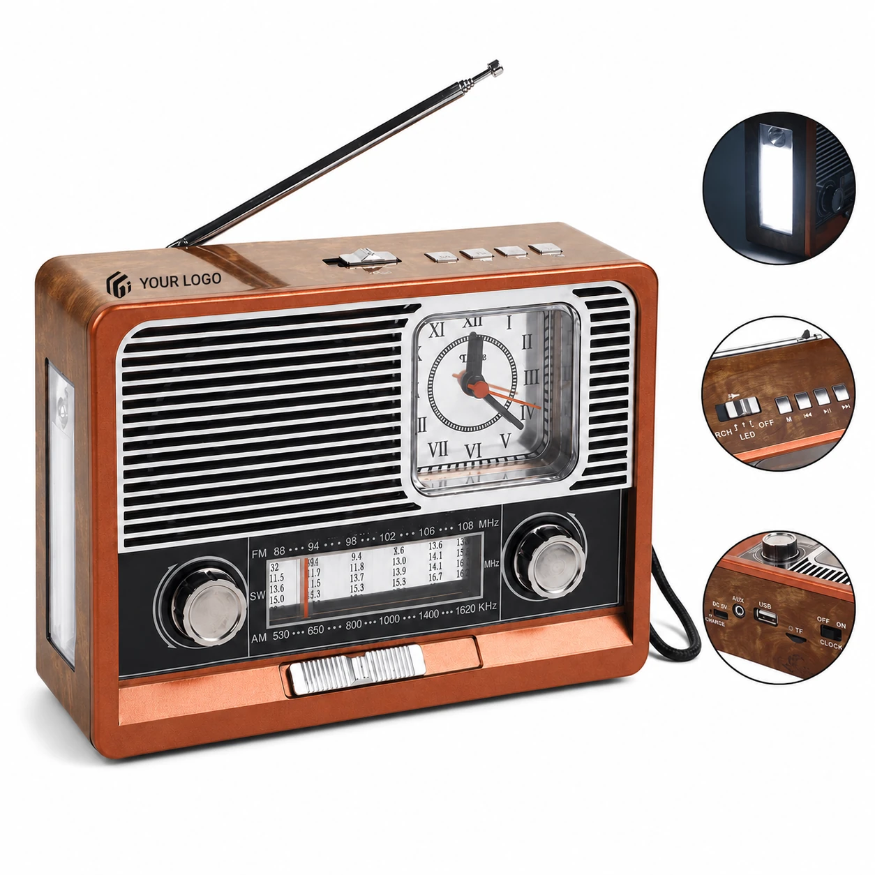 Retro Portable Solar Lighting Clock Bluetooth Speaker Radio
