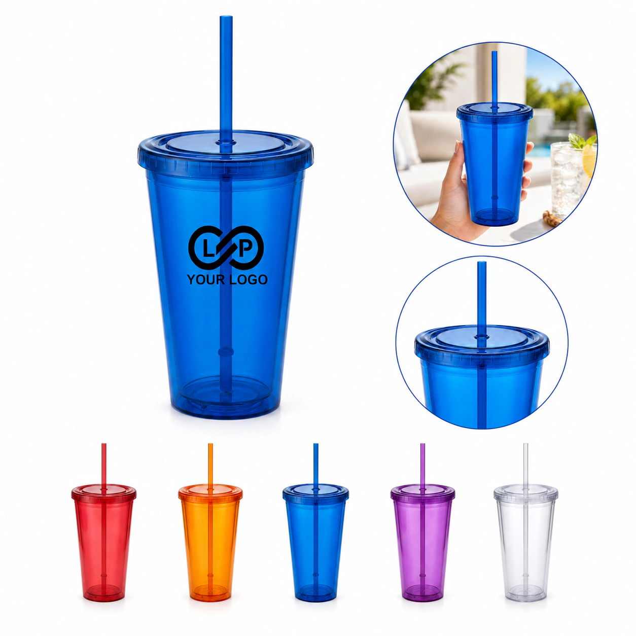 Double Wall Insulated Plastic Reusable Cups with Lids and Straws