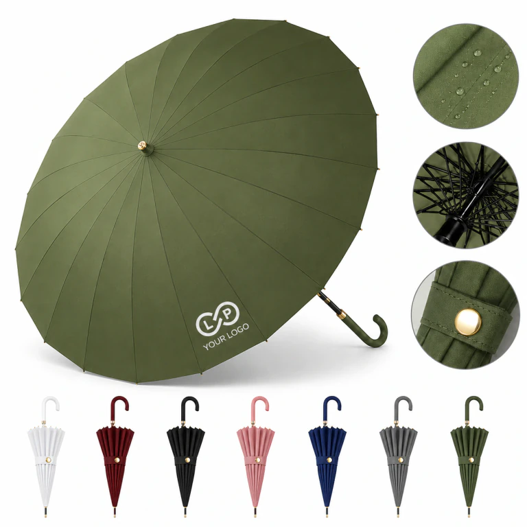 Large Durable J Stick Handle Easy Grip Auto Open Umbrella with 24-Rib Steel Frame