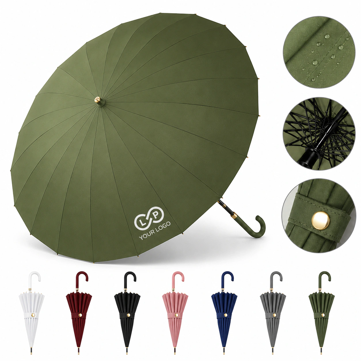 Large Durable J Stick Handle Easy Grip Auto Open Umbrella with 24-Rib Steel Frame