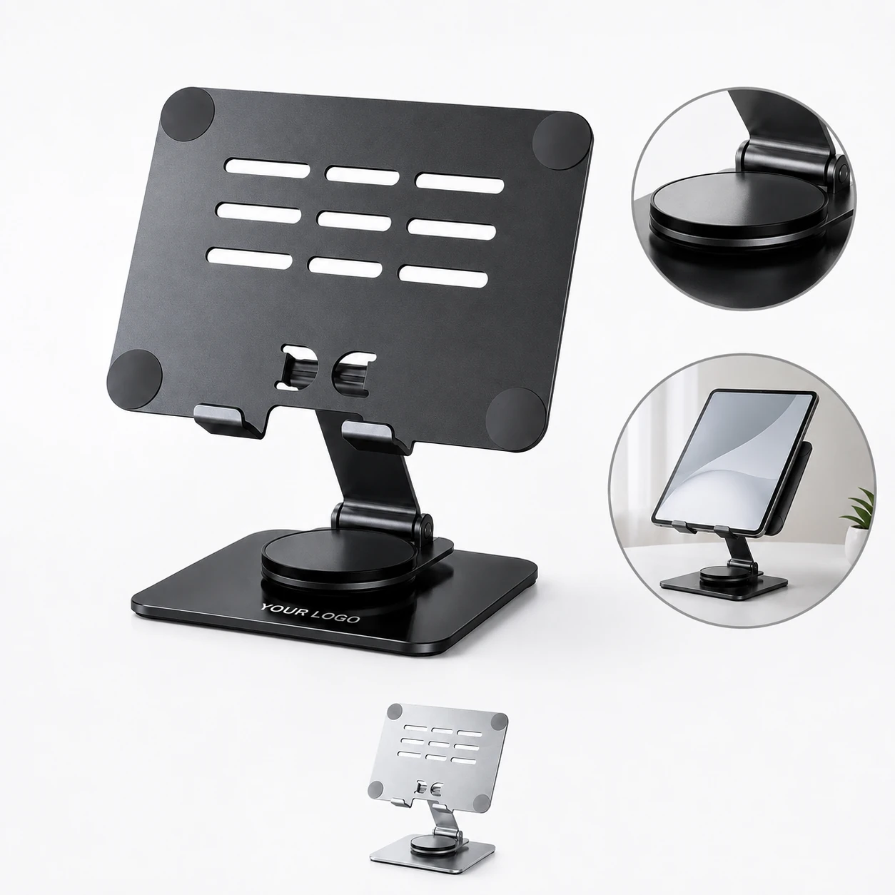 Adjustable Rotating Alloy Tablet Stand with Height & Folding Design