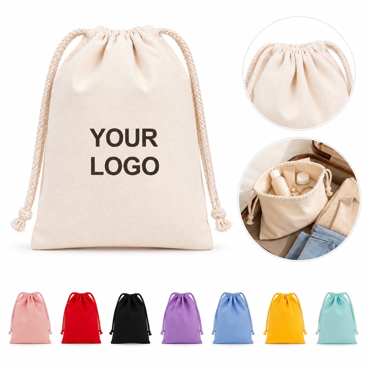 Custom Canvas Drawstring Pouch for Makeup Jewelry Travel Gifts
