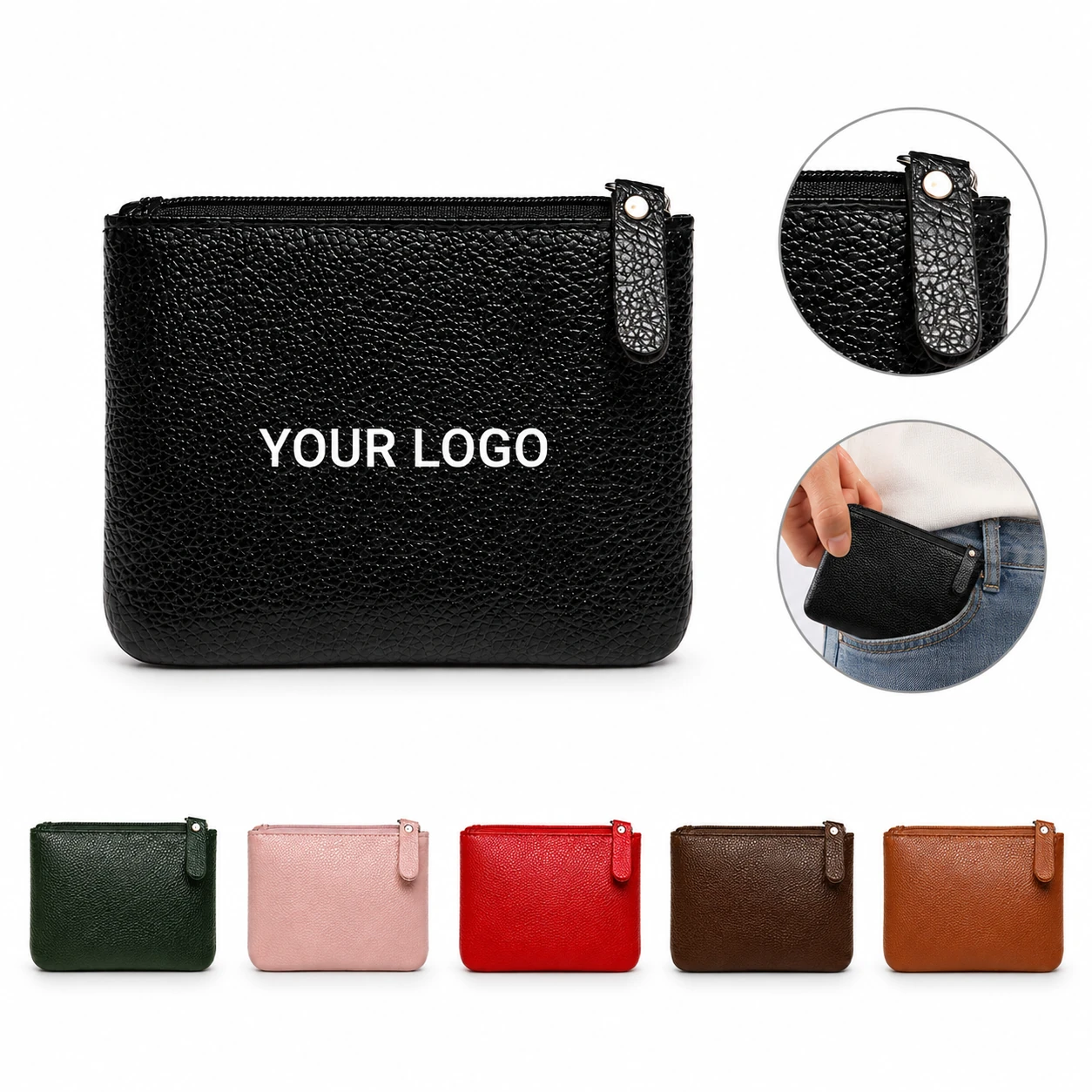 Zipper Solid Color PU Soft Leather Card Holder Coin Purse