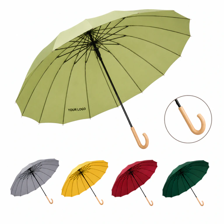 16-rib Automatic Windproof Large Umbrella with Wooden Handle