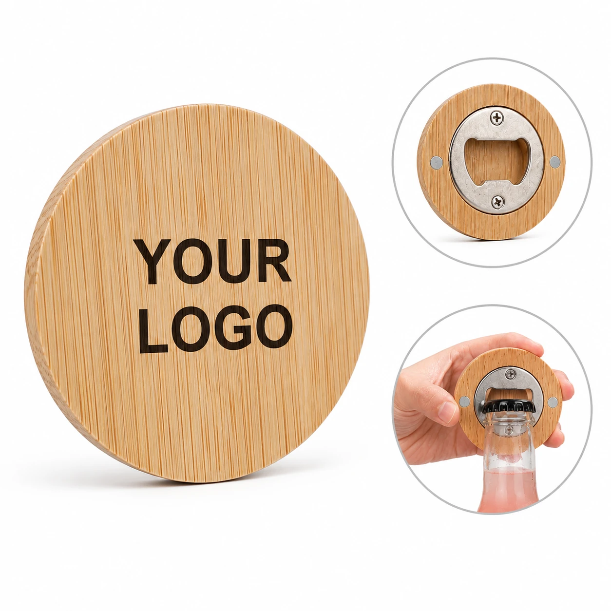 Round Bamboo Magnetic Stainless Steel Beer Bottle Opener