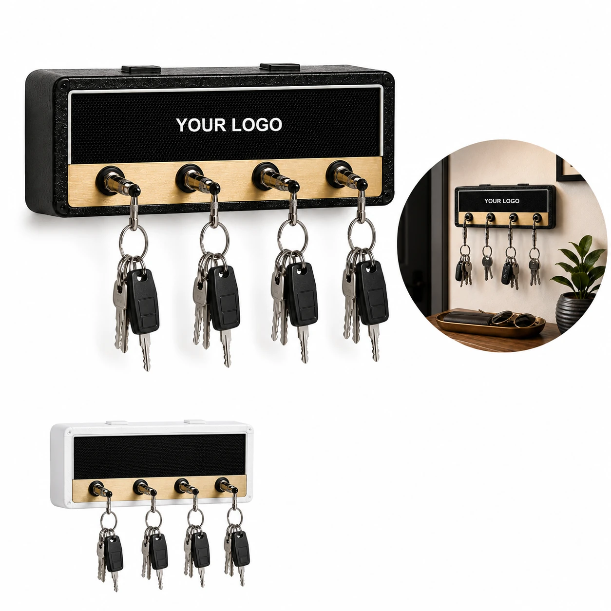 Guitar Amp Key Holder Wall Mount with 4 Plug Keychains and Mounting Kit