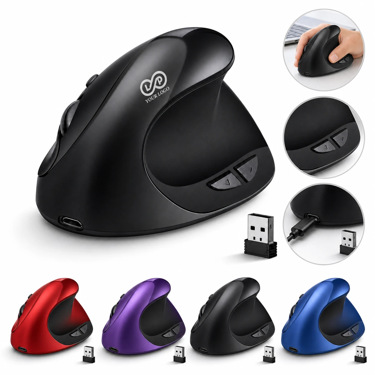 Rechargeable Vertical Wireless Ergonomic Mouse with USB Receiver