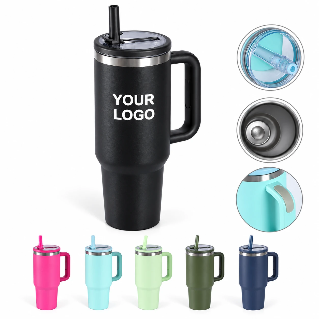 40oz Stainless Steel Insulated Car Mug with Handle, Straw and Lid