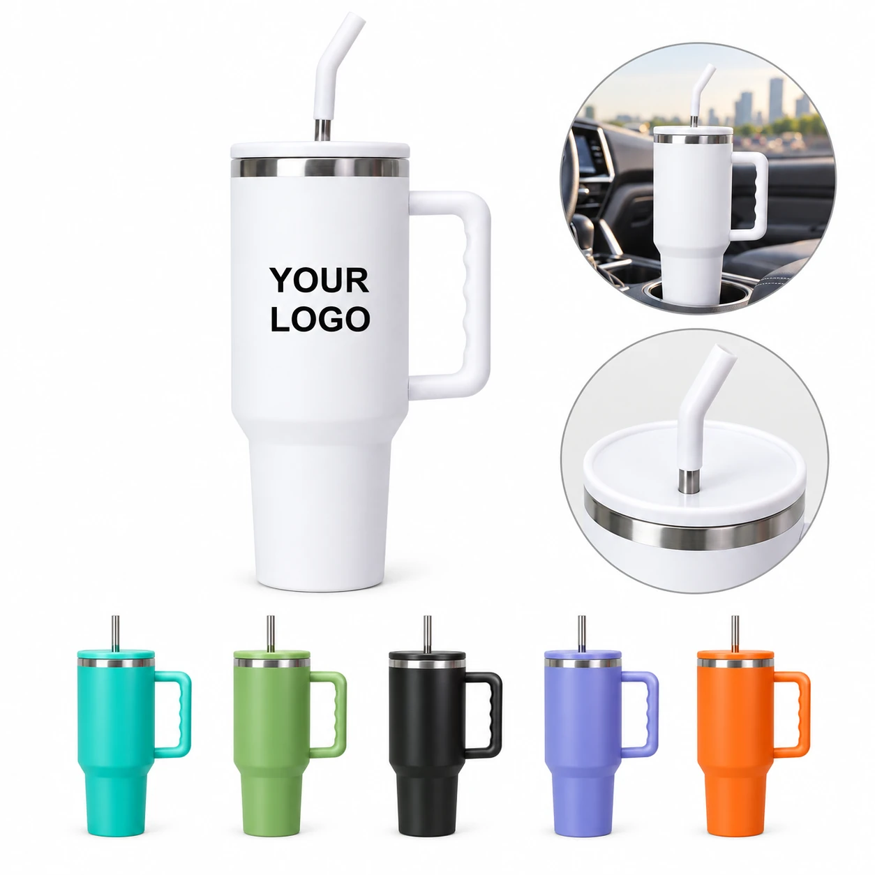 Stainless Steel Warm Cool 40oz Handle Car Mug With Straw