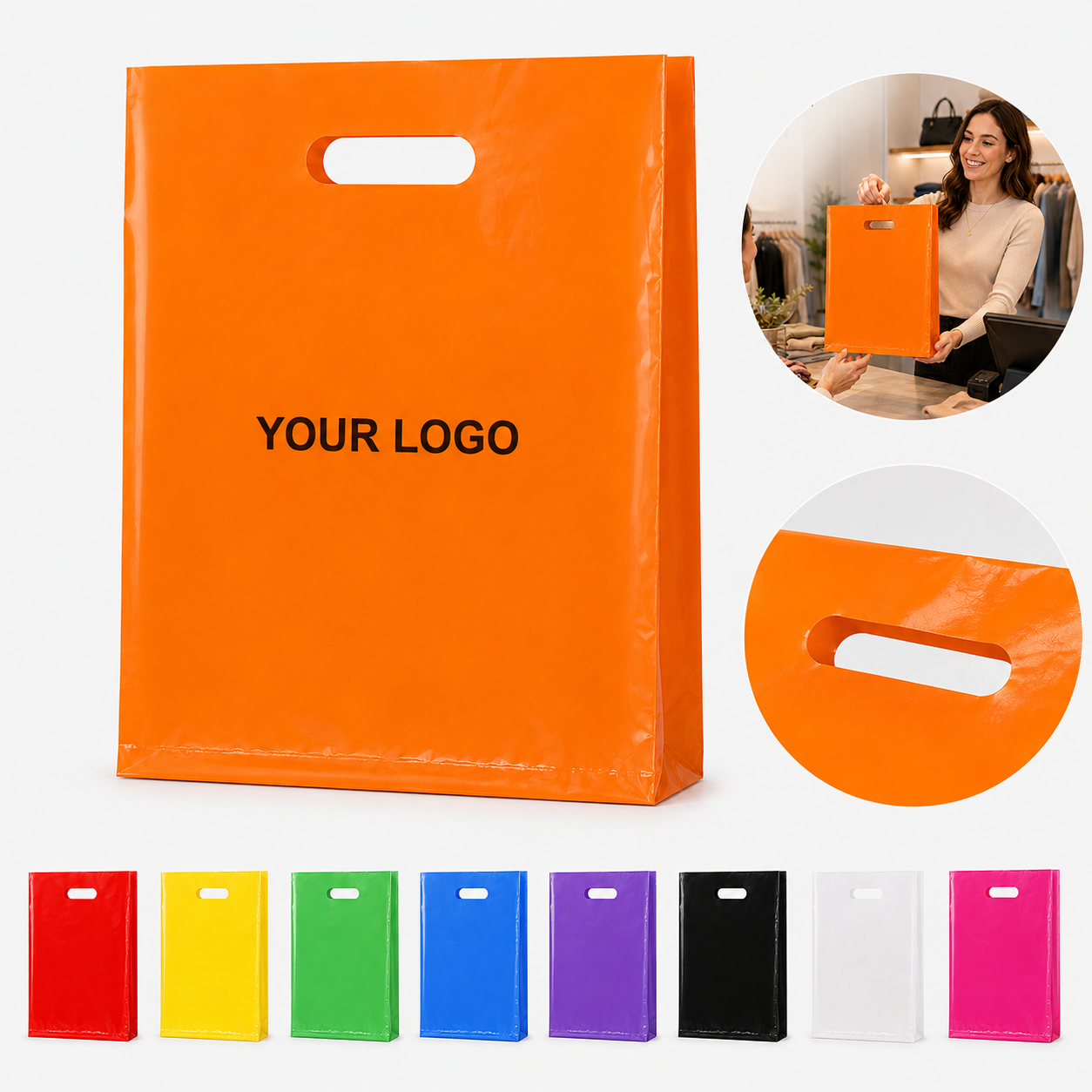 Extra Thick Glossy Customizable PE Retail Shopping Bags with Handles