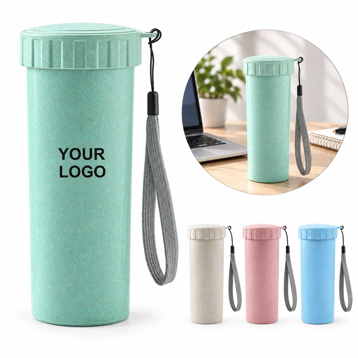 Customizable Wheat Straw Water Cup with Lanyard Portable Reusable