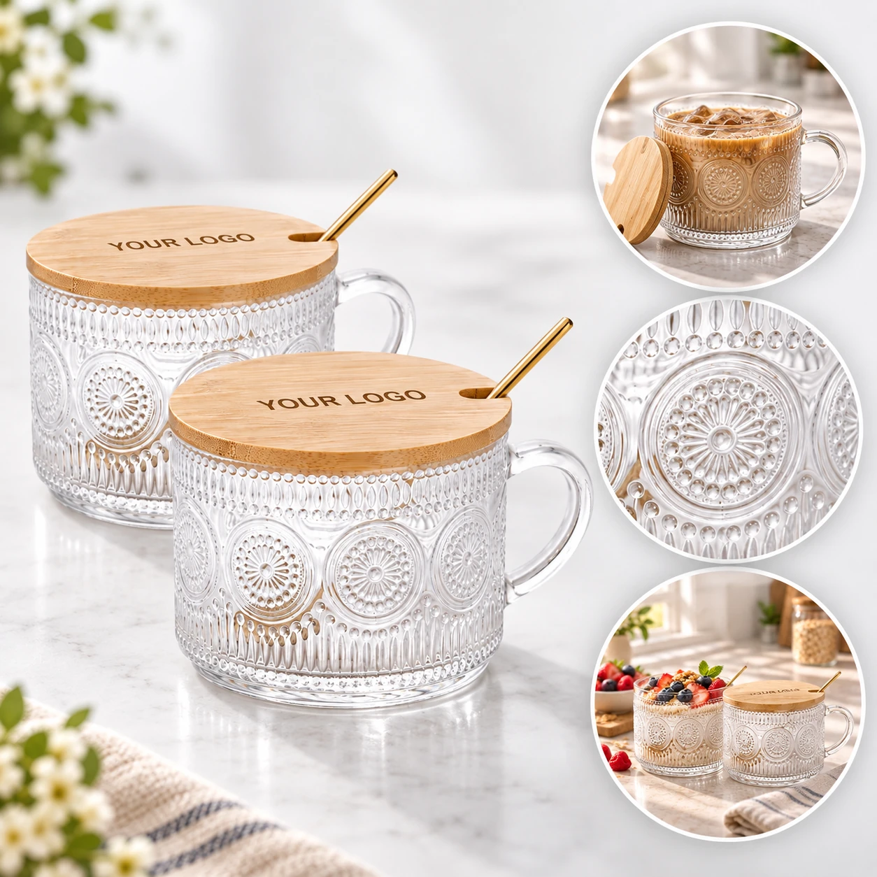2pcs Vintage Oat Container Clear Embossed Glass Coffee Mugs with Lids
