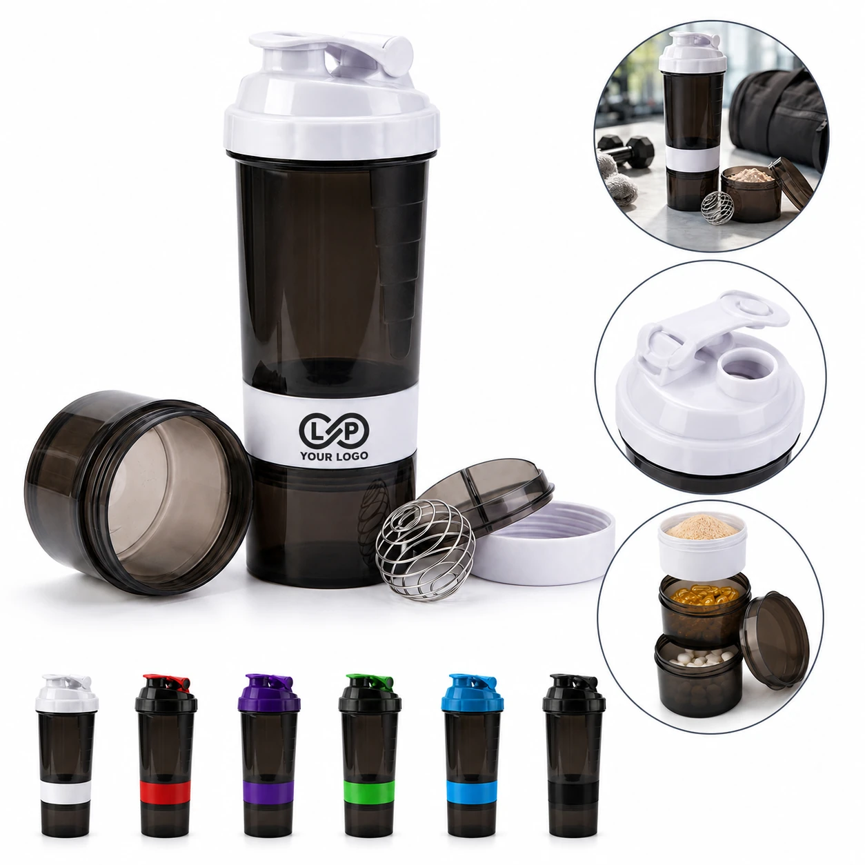 3-Tier Leak-Proof Non-Slip Protein Shaker Cup with Storage, BPA-Free, 12 Oz