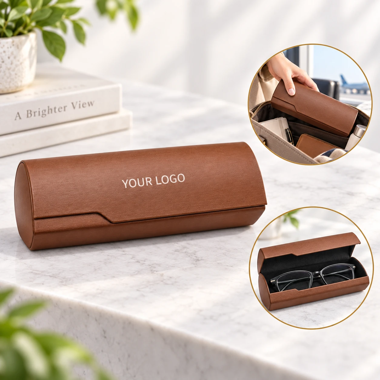 Square Handmade Leather Glasses Case with Cleaning Cloth