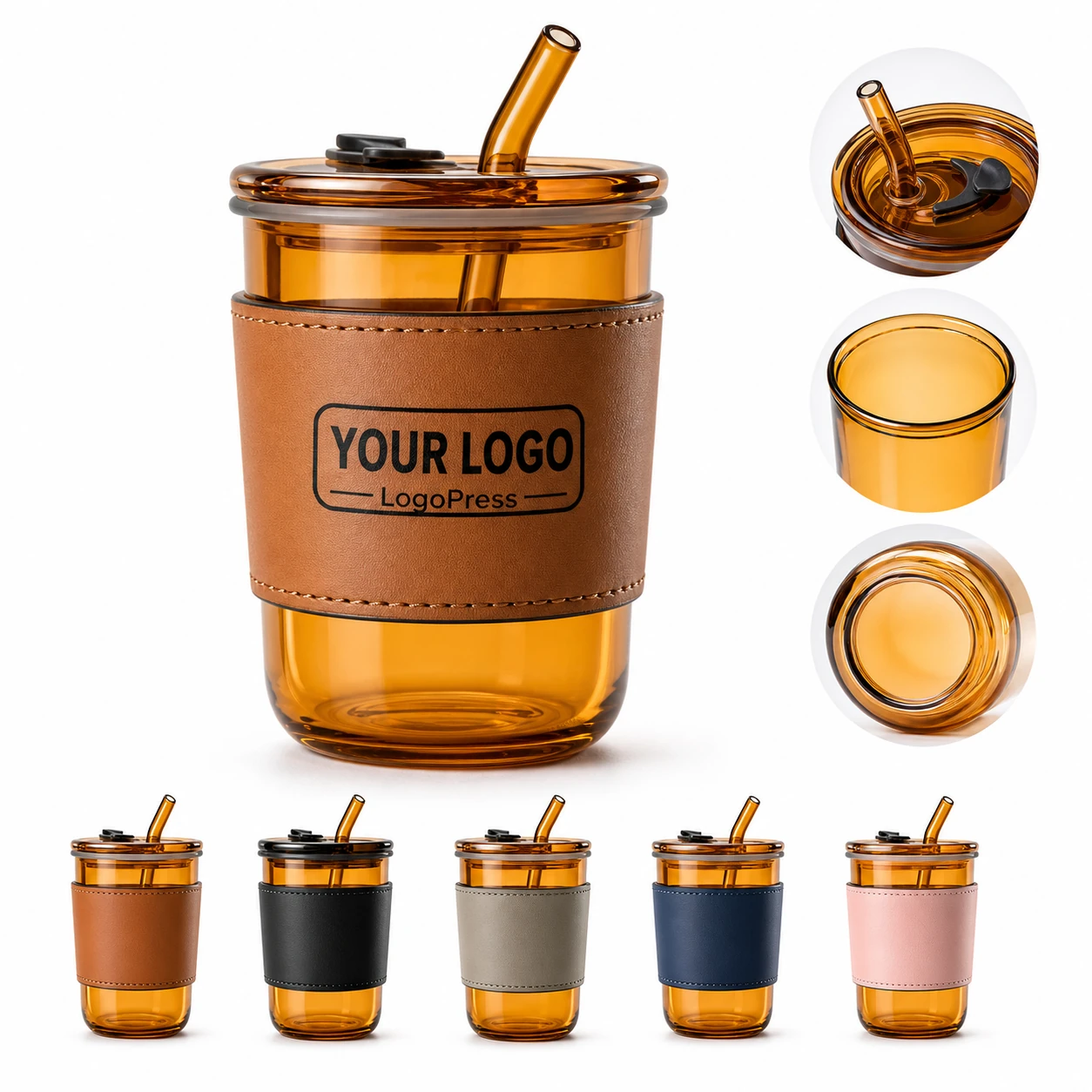 Clear Reusable Insulated Glass Coffee Cups with Lids, Straws and Sleeve