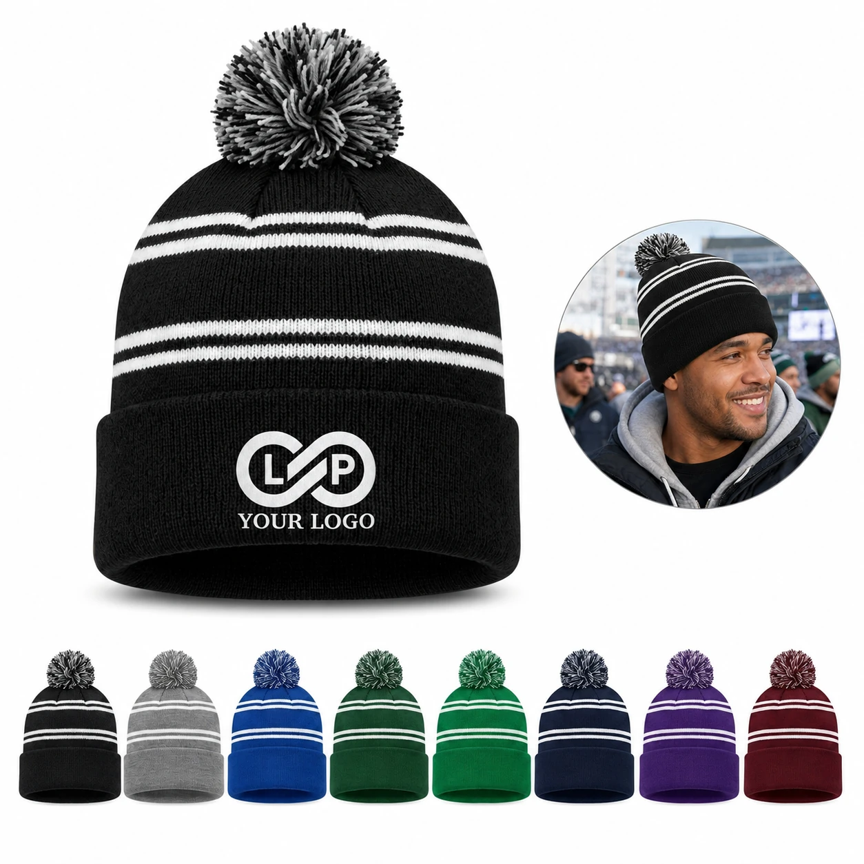 Unisex Striped Pom Pom Winter Beanie - Acrylic, Warm, Breathable Ski Sport