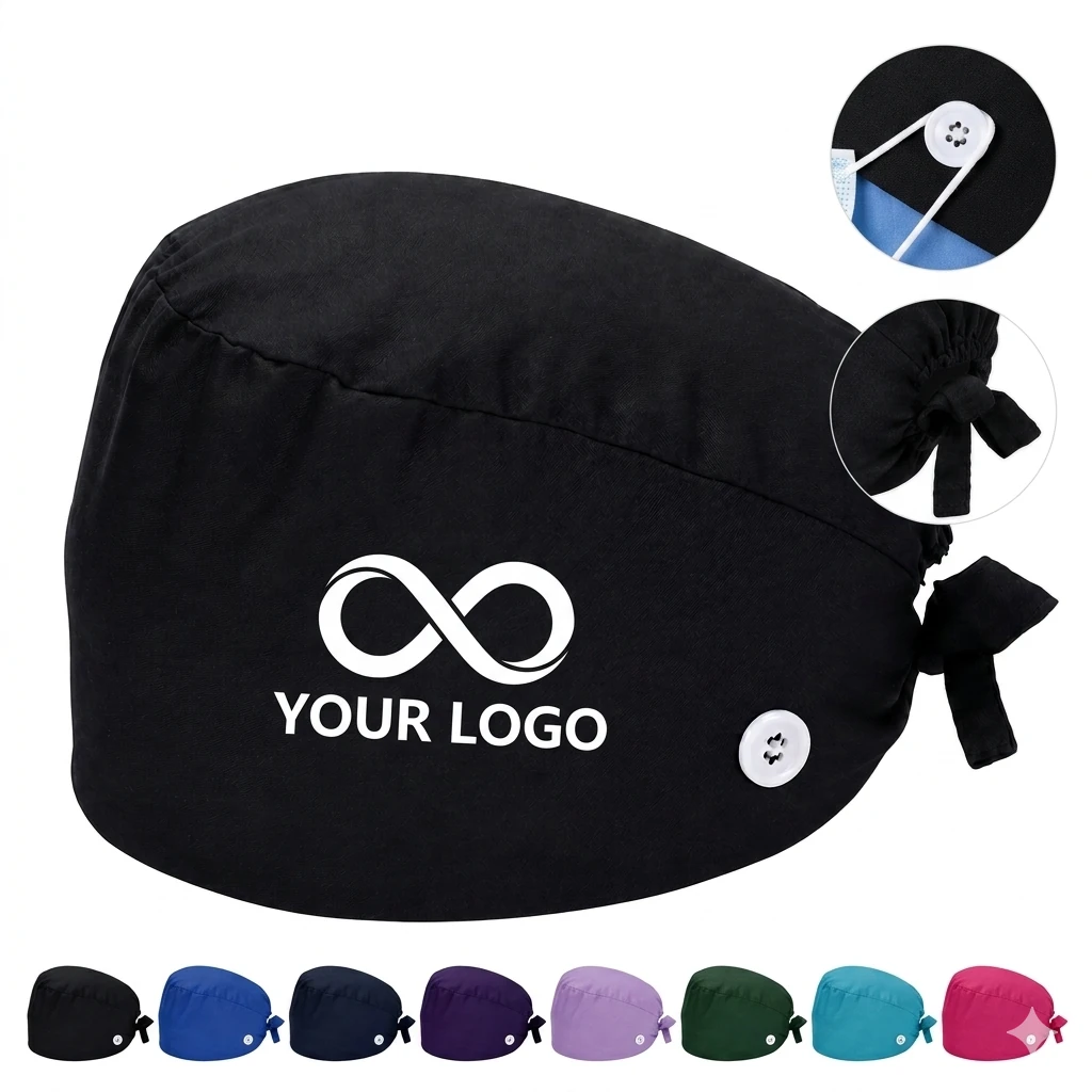 Unisex Medical Cotton Bouffant Scrub Cap with Button - Adjustable
