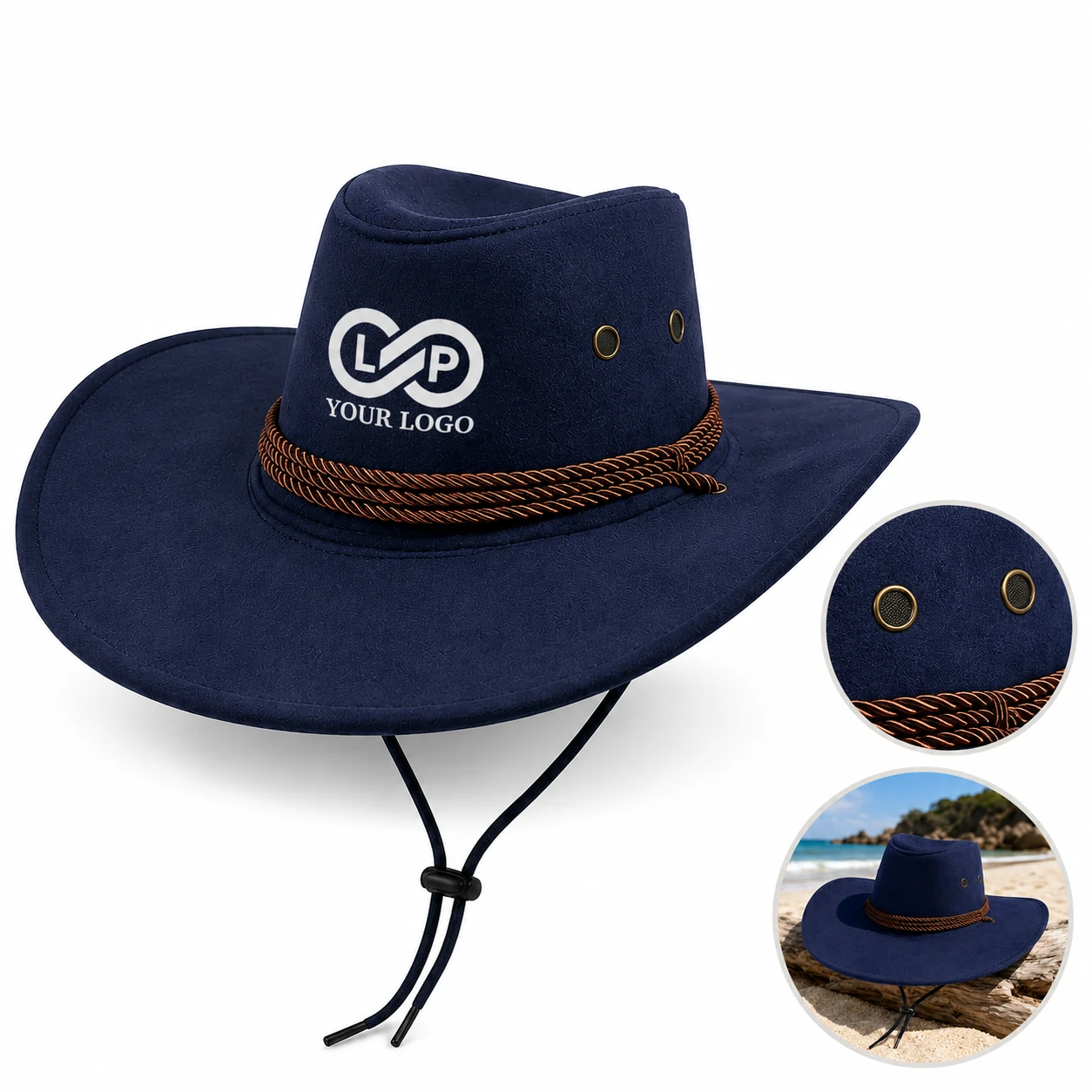 Vacation Beach Unisex Wide Brim Cowboy Hat with Chin Strap