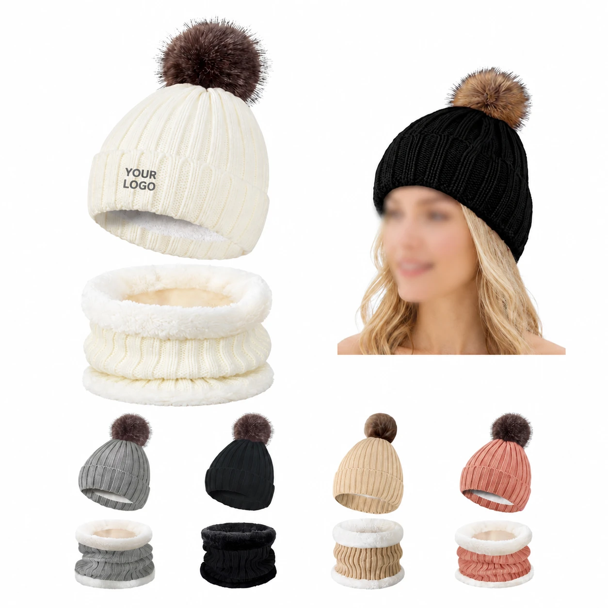 Unisex Winter Knit Beanie Hat and Neck Warmer Scarf Set