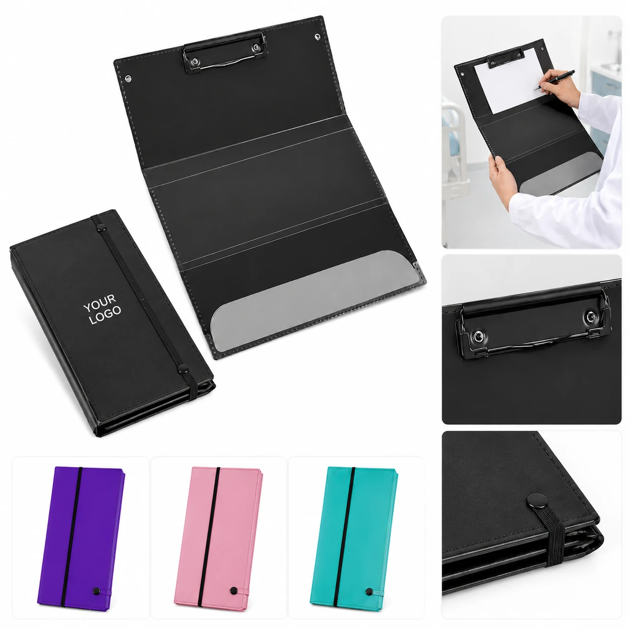 Foldable Nursing Clipboard with Clip, Elastic Band, and Storage Pocket
