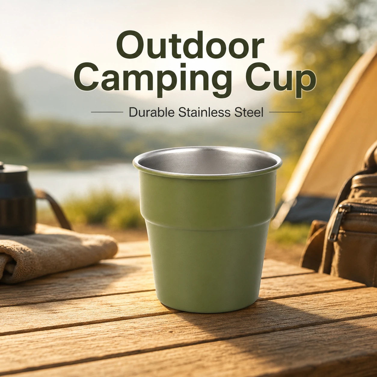 Stainless Steel Camping Cup with Reusable Straw Lid and Handle