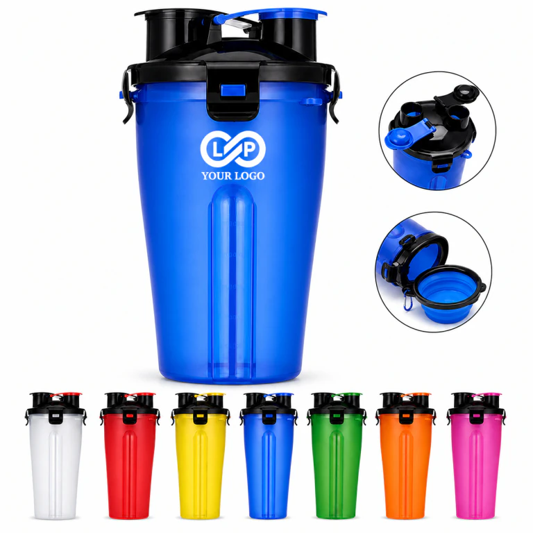 2 in 1 Outdoor Portable Pet Dog Water and Food Bottle w/ Collapsible Bowls