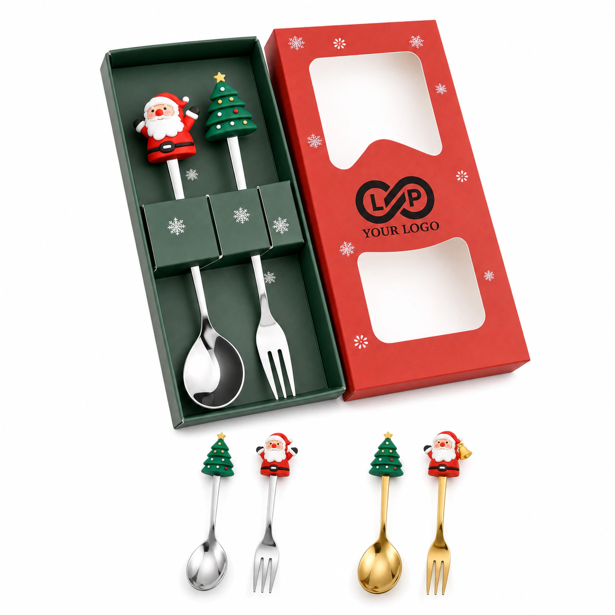 Cute Doll Christmas Dessert Spoon and Fork Set with Festive Toy Handle