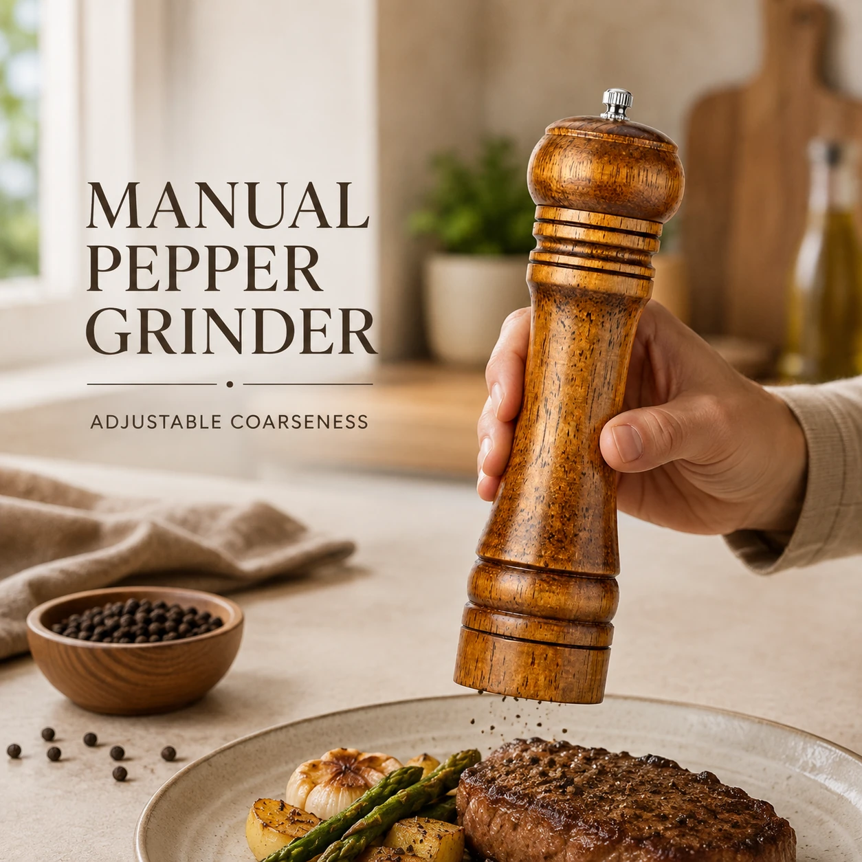 Manual 8 Inch Oak Pepper Grinder with Adjustable Coarseness