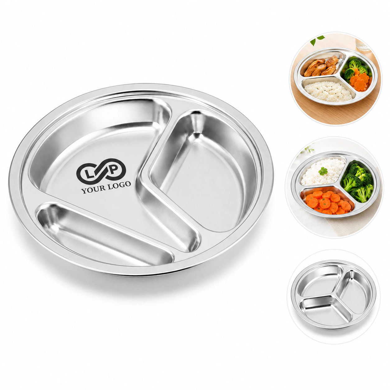 3 Portions Control Stainless Steel Kid Round Divided Plates