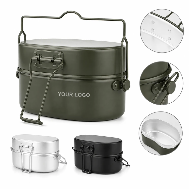 Outdoor Marching Camping Double-Layer Aluminum Lunch Box with Handle
