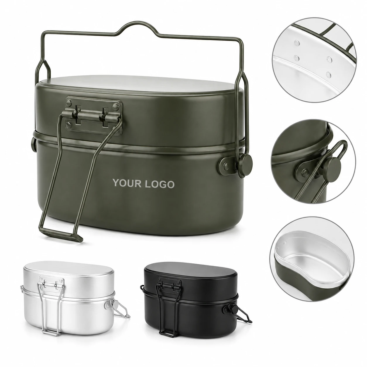 Outdoor Marching Camping Double-Layer Aluminum Lunch Box with Handle