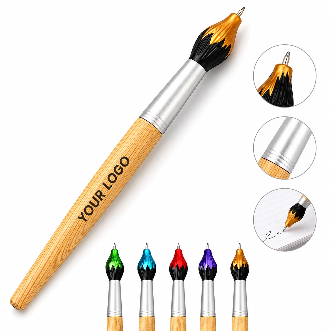 Creative Brush Shape Wooden Ballpoint Pen with Smooth Black Ink