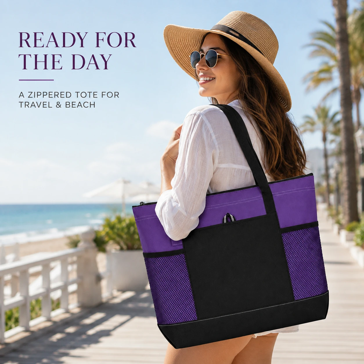 Large Travel Shopping Zippered Tote Shoulder Bag with Oxford Cloth