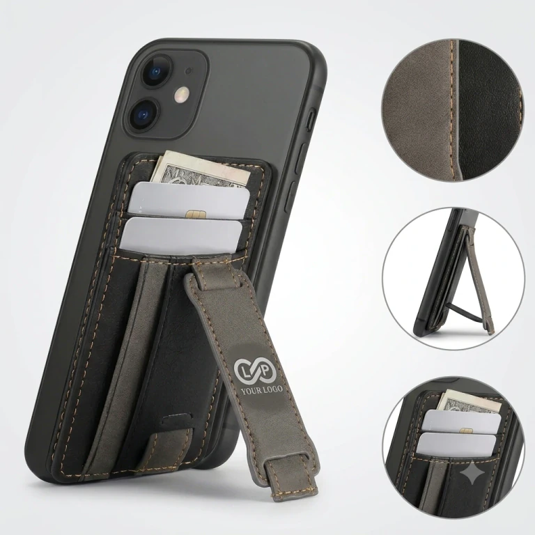 PU Leather Self-Adhesive Phone Wallet Card Holder with Kickstand