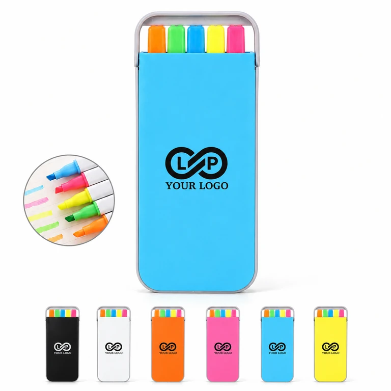 5 Colors Highlighter Pen Set with Case Non-Bleed School Supplies