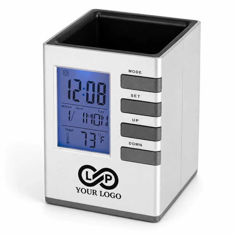 Plastic Desk decor perpetual calendar alarm clock pen holder
