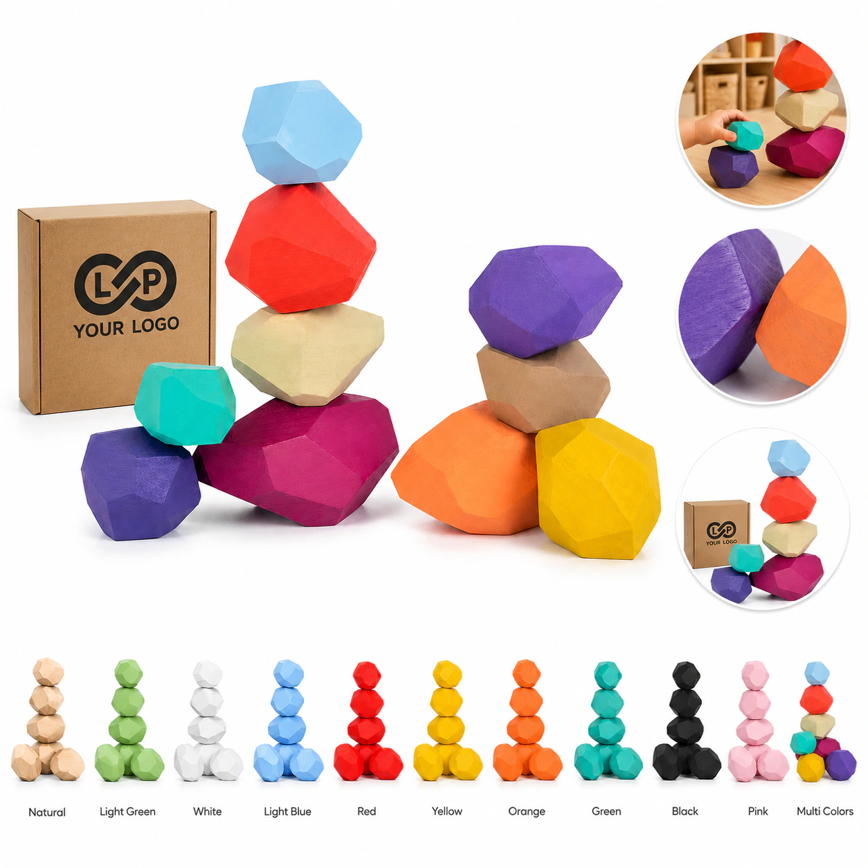 Toddler Montessori Wooden Sorting Stacking Rocks 1-3 Years 10 Blocks