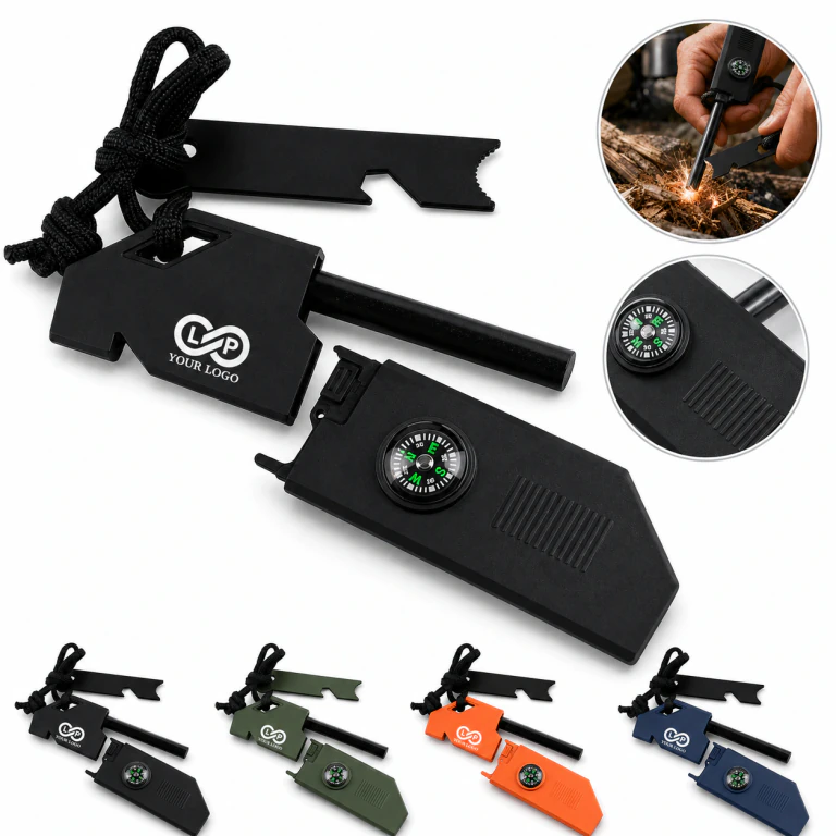 Survival Fire Flint with Magnesium Striker Compass Whistle for Camping Hiking