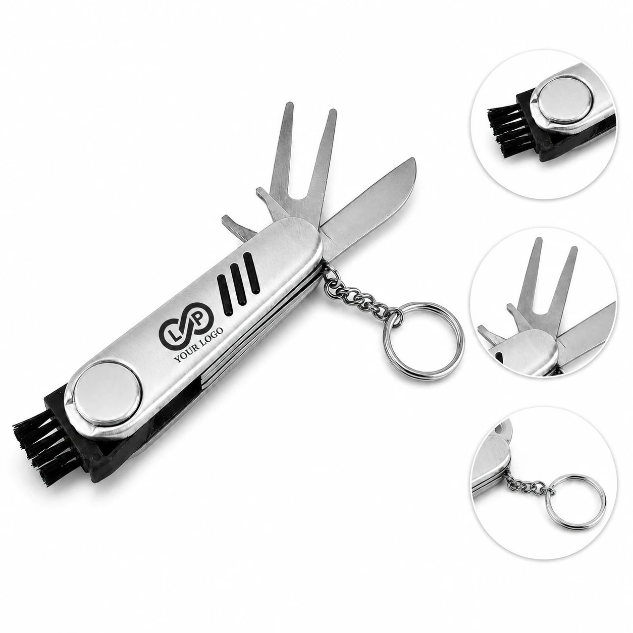Multifunctional Foldable Stainless Steel Golf Knife with Keychain, Sharp Blade, Iron Fork, Brush