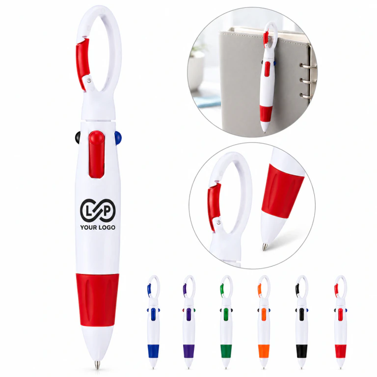 Multi-Color Retractable Shuttle Ballpoint Pen with Carabiner Clip