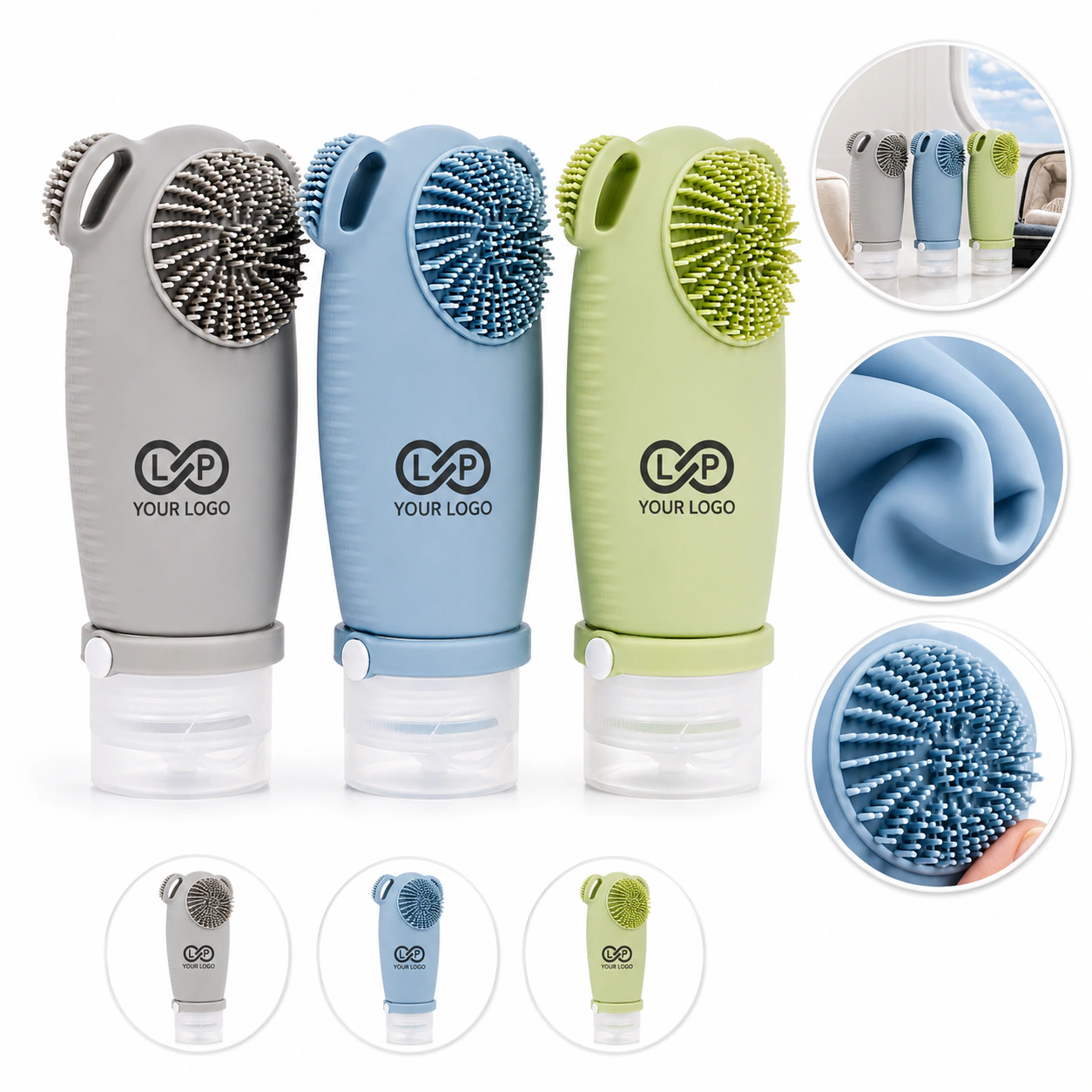 3pcs 2in1 Lotion Travel Bottles with Face Scrubber, Leak Proof Silicone