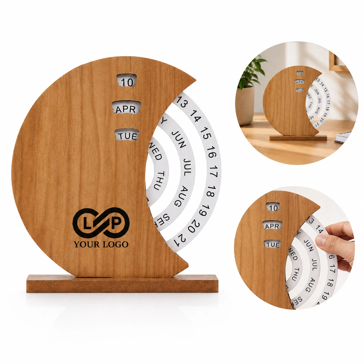 Wooden Rotating Disc Perpetual Office Home Desk Calendar