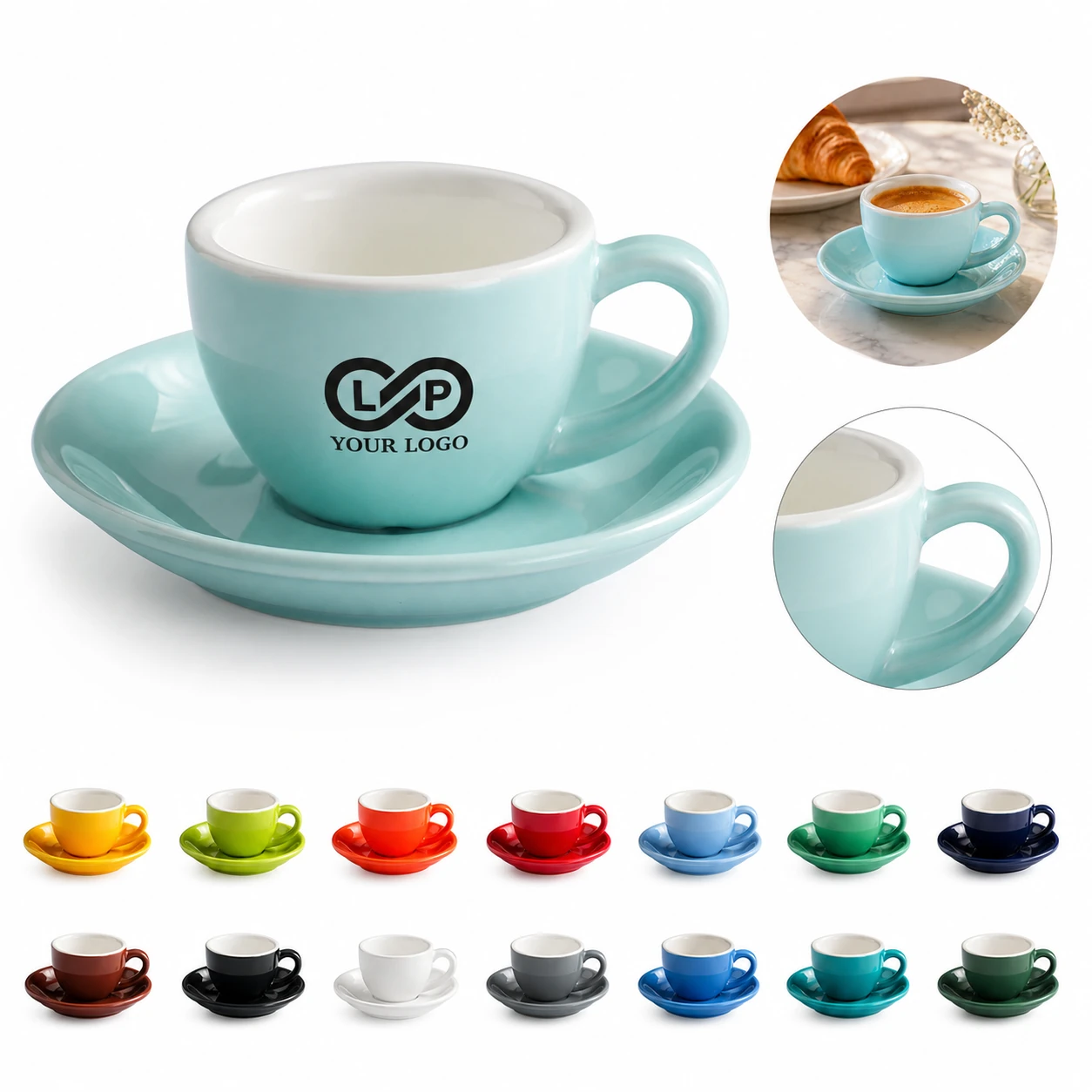 2.5oz Elegant Ceramic Coffee Espresso Cups with Saucers Set