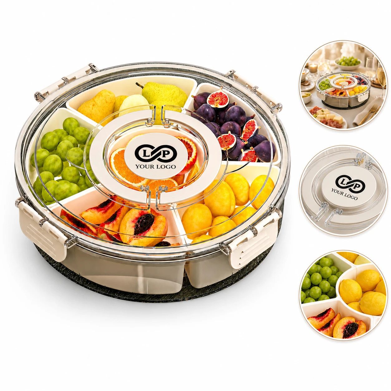 6 Grid Rotating Fruit Plate with Compartments, Lid, Handle, Plastic