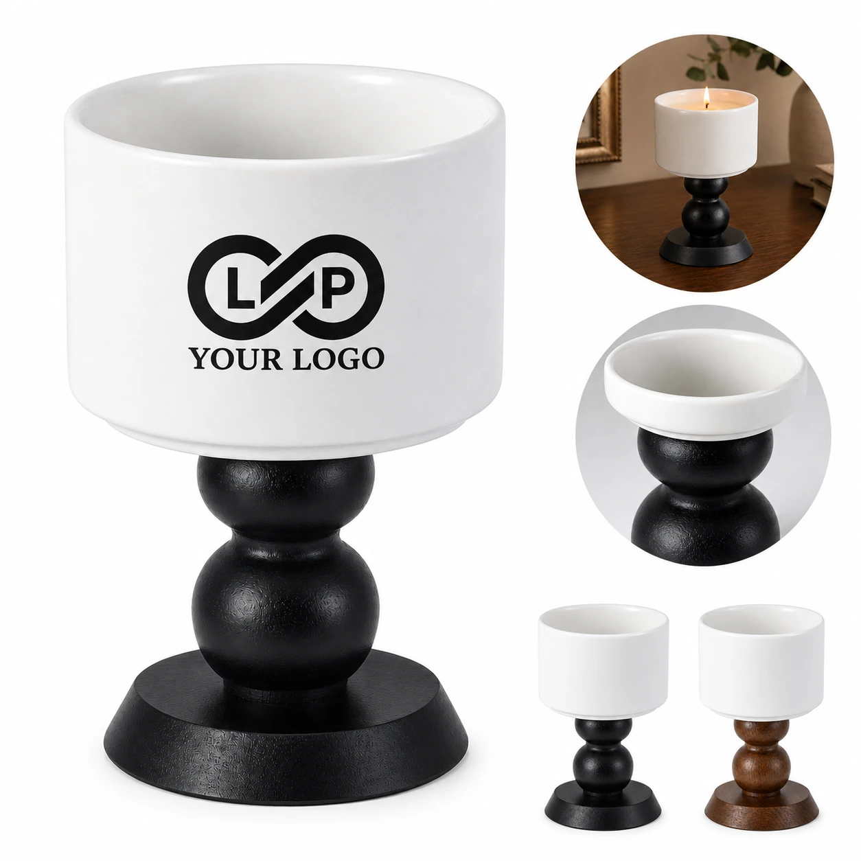 Eco-friendly Ceramic Goblet Candle Holder with Vintage Wooden Base